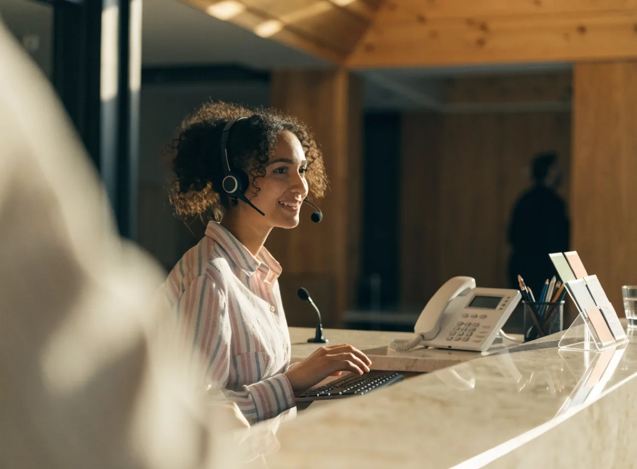 Front desk agent wearing a headset in a hotel lobby.